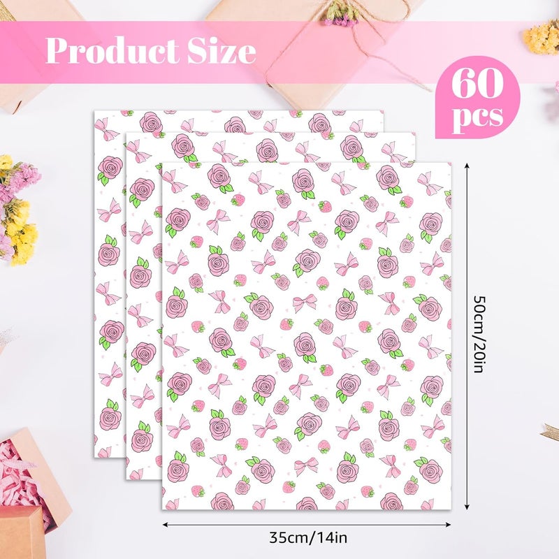 Ethanberg 60 Sheets Gift Wrapping Tissue Paper Bulk, Pink Rose Bow Tissue Paper for Gift Bags, Decorative Art Papers for DIY Crafts Wedding Birthday Baby Showers Holiday Party Decor, 20x14 Inches - Image 2